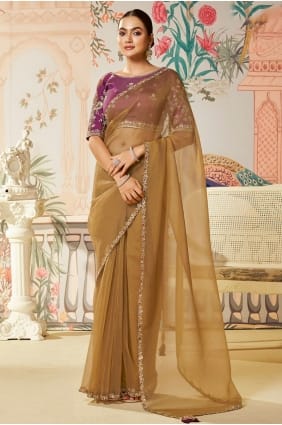 Silk Dusty yellow Saree in Stone with moti SR29121