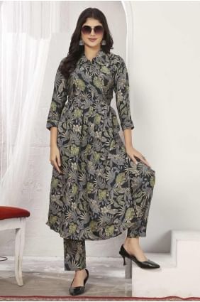 Straight Pant Suit in Blue Chanderi with Digital print SK155197