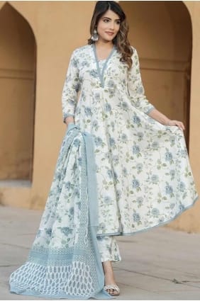 Straight Pant Suit in Blue Cotton with Printed SK155388