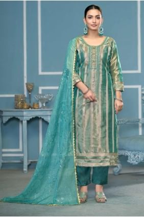 Straight Pant Suit in Blue Organza with Embroidered SK155326