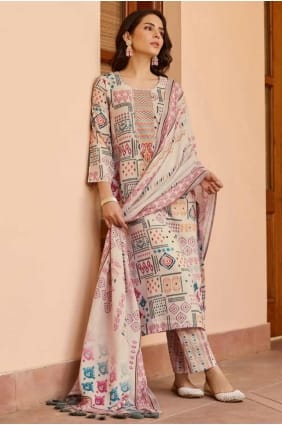 Straight Pant Suit in Cream Cotton with Printed SK155390
