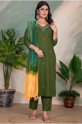 Straight Pant Suit in Green Cotton with Printed SK155391
