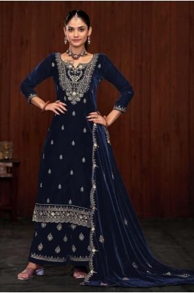 Velvet Blue Straight Pant Suit in Embroidered SK155138