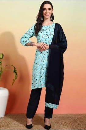 Straight Pant Suit in Mehndi green Crepe with Printed SK155497