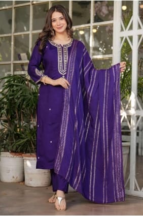 Straight Pant Suit in Purple Chanderi with Embroidered SK155242