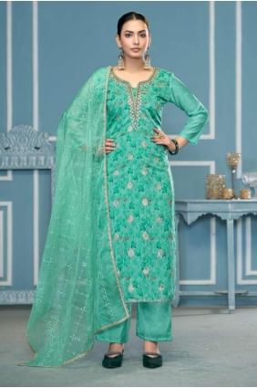 Straight Pant Suit in Sea green Organza with Embroidered SK155341