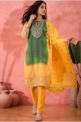 Straight Pant Suit in Yellow Chiffon with Embroidered SK155460