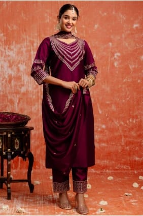 Straight Suit in Purple Viscose with Embroidered SK155634