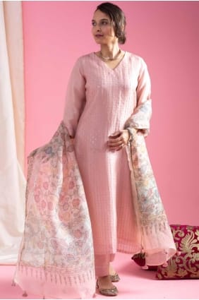 Chanderi Straight Pant Suit with Embroidered in Pink SK155260