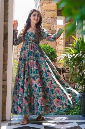Teal blue Digital print Rayon Gown Dress GW1116