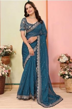 Glamorous Embroidered Organza Saree in Teal blue SR28691