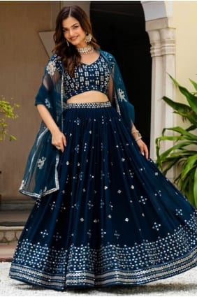 Teal blue Sequins Lehenga Choli in Faux georgette LC8838