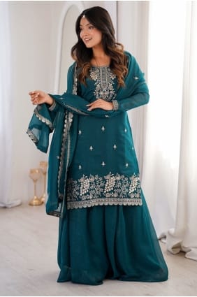 Chanderi silk Thread Teal blue Palazzo Suit with Dupatta PZ4420