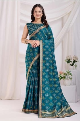 Teal blue Printed Silk Saree SR28193