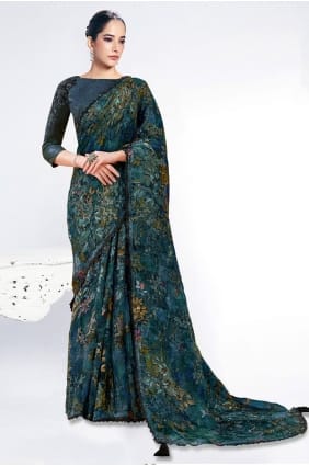 Teal blue Embroidered Saree in Brasso SR28960