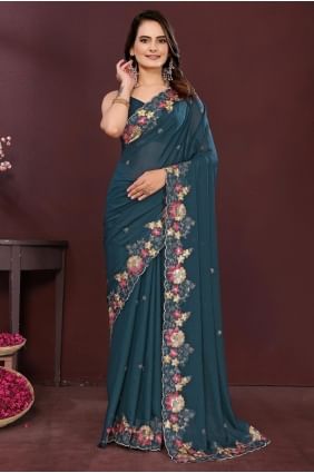 Georgette Teal blue Saree in Embroidered SR28885