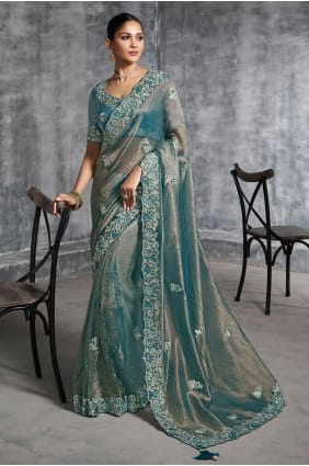 Teal blue Tissue Saree with Mirror SR29186