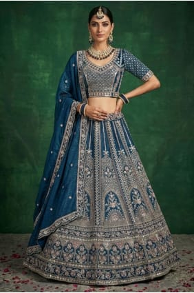 Sequins Satin Teal Bridal Lehenga Choli with Dupatta LC8915