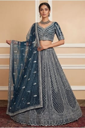 Teal Thread Bridal Lehenga Choli in Net LC8927