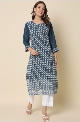 Teal Kurti in Georgette with Chikankari KTI2729