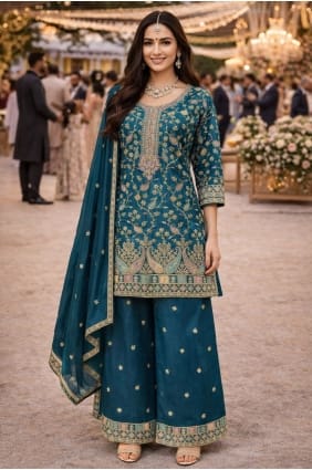 Teal Embroidered Palazzo Suit in Chinon chiffon PZ4444