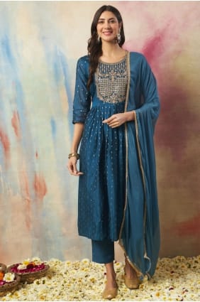 Teal Anarkali Suit in Embroidered Cotton AS4333