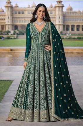 Embroidered Silk Teal Gown Dress with Dupatta GW1230