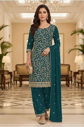 Georgette Salwar Kameez with Embroidered in Teal SK159150