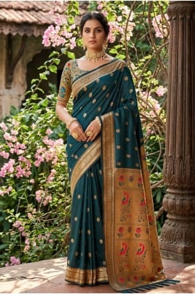 Silk Teal Saree in Embroidered SR30006