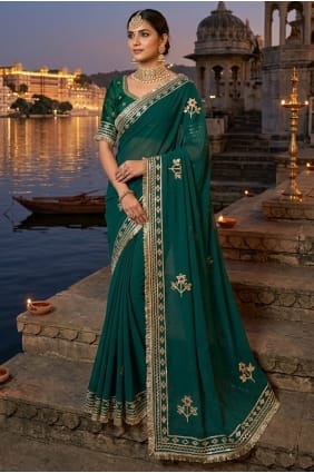 Teal Green Hand Georgette Saree SR29903