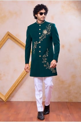 Indo Western Kurta in Teal green Silk KURR306