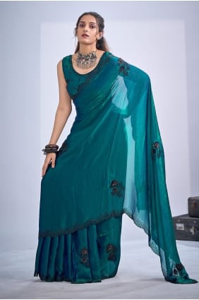 Satin Stone work Teal green Saree with Blouse SR30016