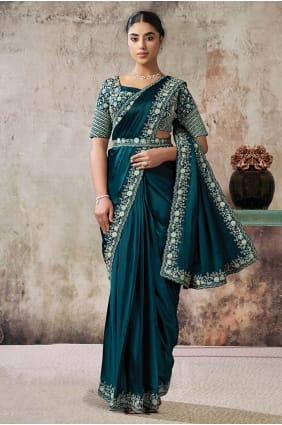 Teal Hand Saree in Crepe SR29804