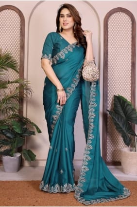 Teal Saree with Lace border Satin SR29632