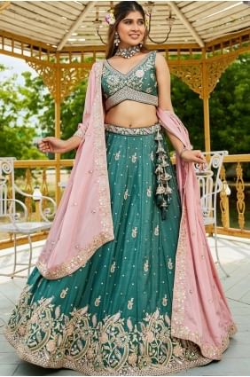 Teal Lehenga Choli in Chiffon with Embroidered LC8598