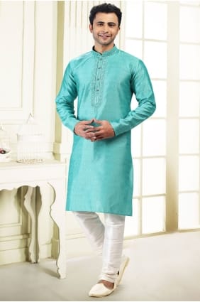 Jacquard Men Kurta in Teal with Embroidered KURR610
