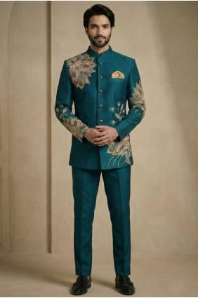 Embroidered Men Kurta Pajama With Waistcoat in Teal Satin KURR241