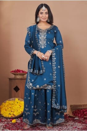 Teal Sequins Palazzo Suit in Silk PZ4424