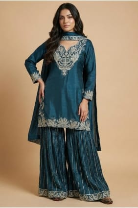 Silk Teal Patiala Suit in Sequins PZ4262