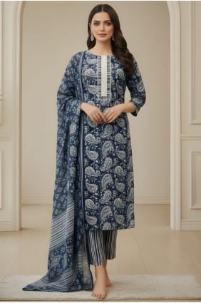 Printed Cotton Teal Salwar Kameez with Dupatta SK156039