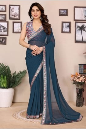 Teal Georgette Saree in Printed SR29364