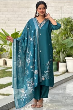 Teal Silk Embroidered Salwar Kameez with Dupatta SK156077