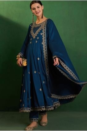 Silk Salwar Kameez in Teal with Embroidered SK155780