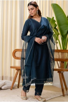 Teal Salwar Kameez in Embroidered Silk SK15758