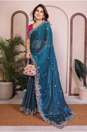 Teal Embroidered Chiffon Saree for Women SR29853