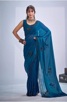 Teal Stone Satin Saree SR30018