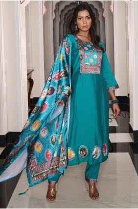 Teal Hand Eid Anarkali Suit in Viscose SK155975