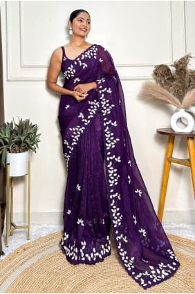 Thread Crepe Saree in Purple SR28594