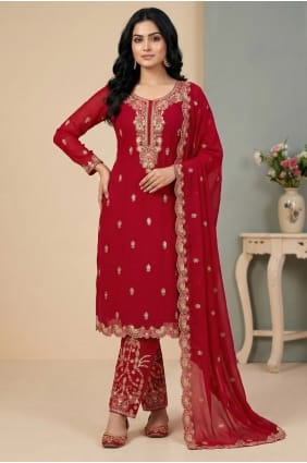 Faux georgette Salwar Kameez with Thread in Red SK15632
