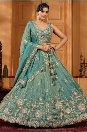 Green Embroidered Lehenga Choli in Tissue LC8813